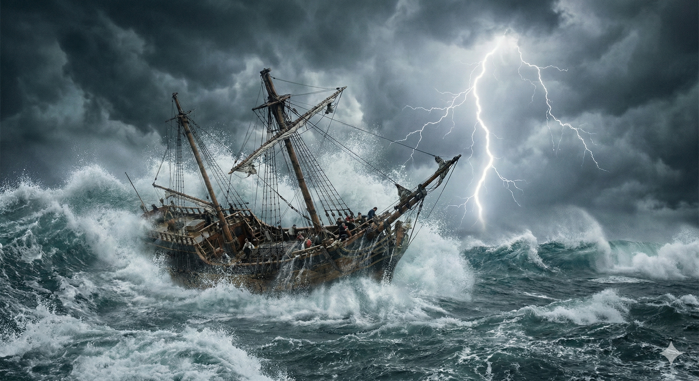 سفينة خشبية قديمة تصارع أمواجاً عاتية في عاصفة رعدية، تمثيل لتشبيه القرآن عن اللجوء لله عند الشدائد.