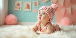 طفل رضيع بعيون بريئة ينظر للأعلى، يعبر عن ولادة الإنسان على الفطرة والاستعداد لتقبل وجود الخالق.