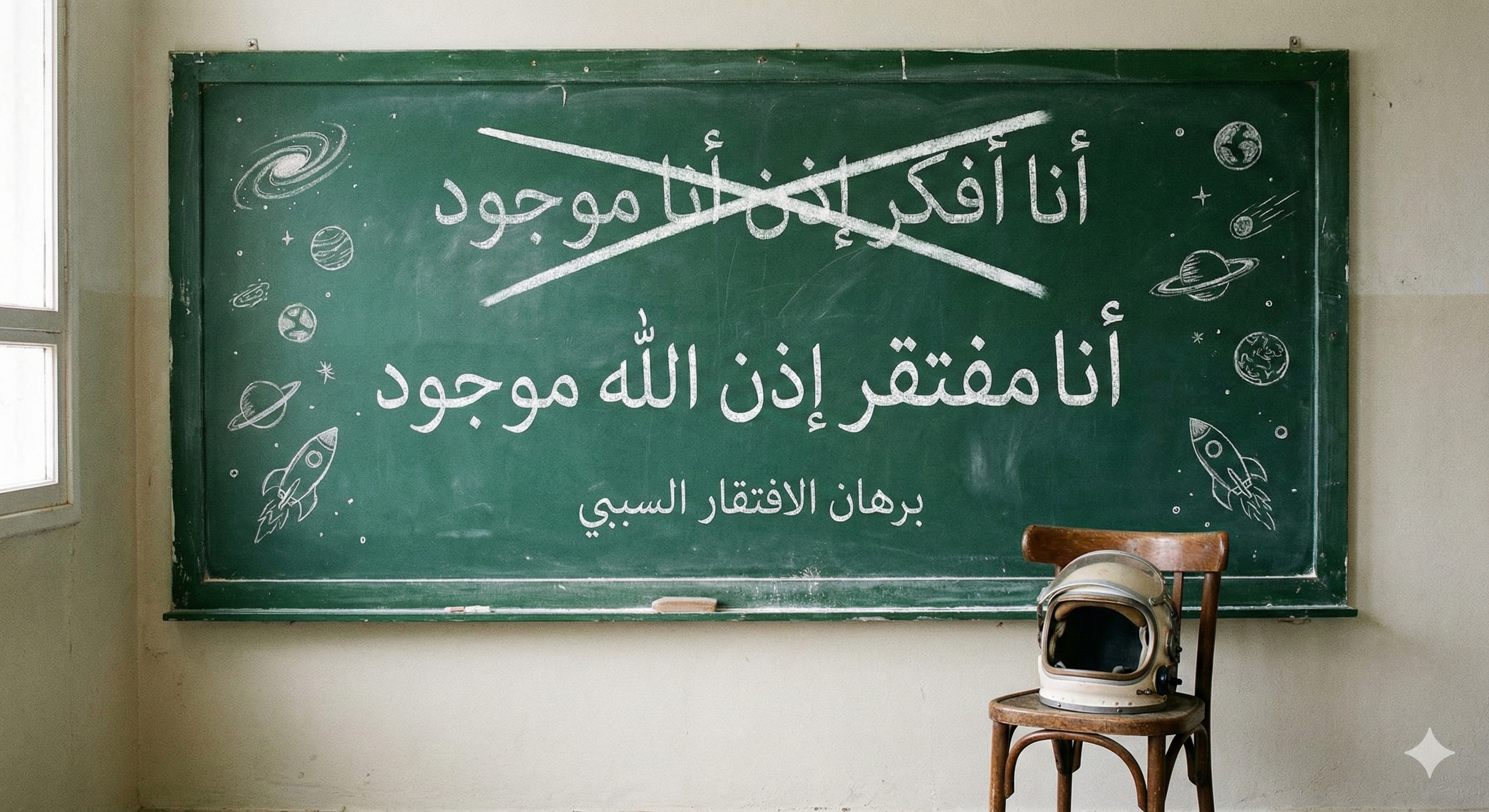 سبورة خضراء عريضة مكتوب عليها بالطباشير الأبيض عبارة "أنا أفكر إذن أنا موجود" في أعلى السبورة ومشطوب عليها بعلامة "x" عريضة بنفس الحجم. ومكتوب تحتها عبارة "أنا مفتقر إذن الله موجود" بخط أكبر تتوسط السبورة ثم تحتها بخط أصغر عبارة "برهان الافتقار السببي"